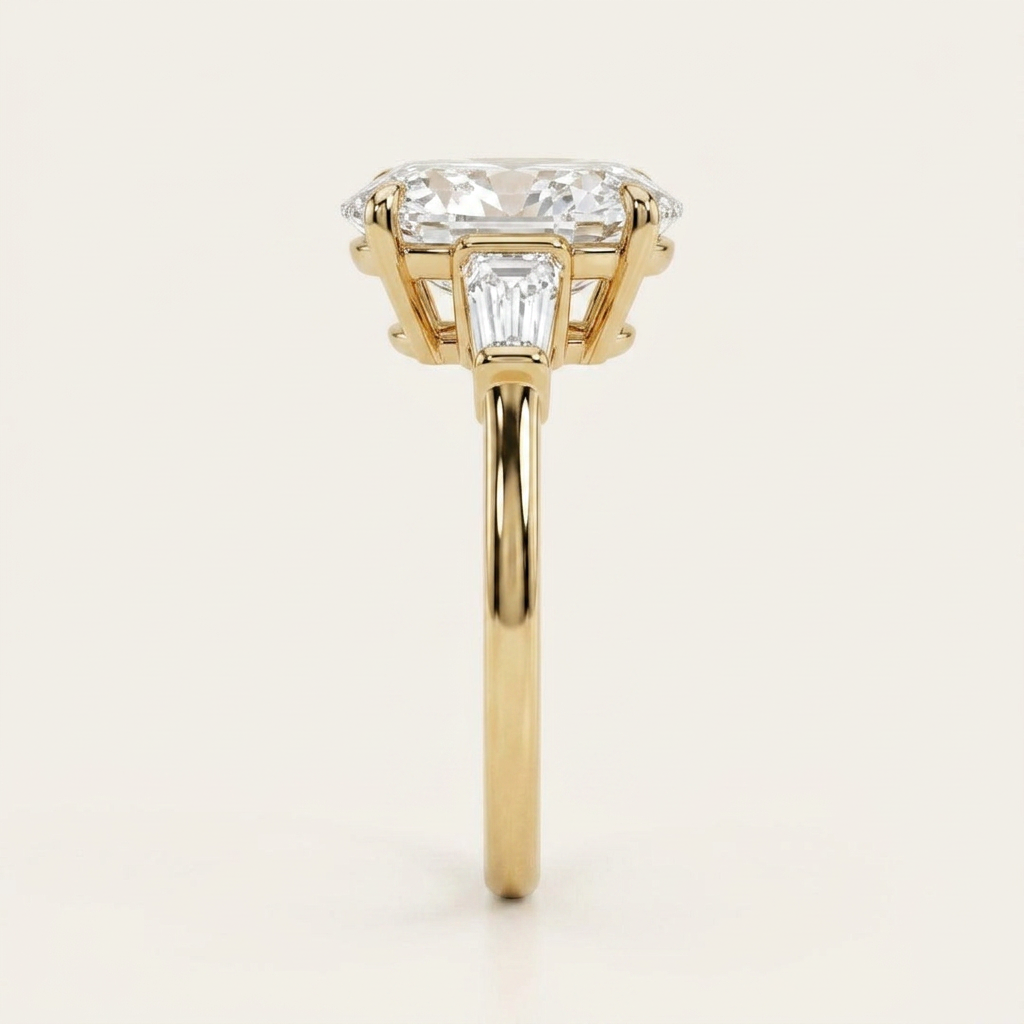 Moissanite 5.32 CT Cushion & Tapered Cut Diamond Three Stone Ring