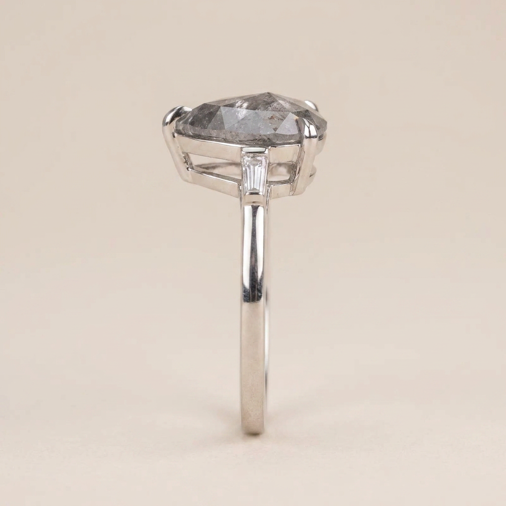 1.80 CT Pear & Baguette Cut Salt and Pepper Diamond Three Stone Ring