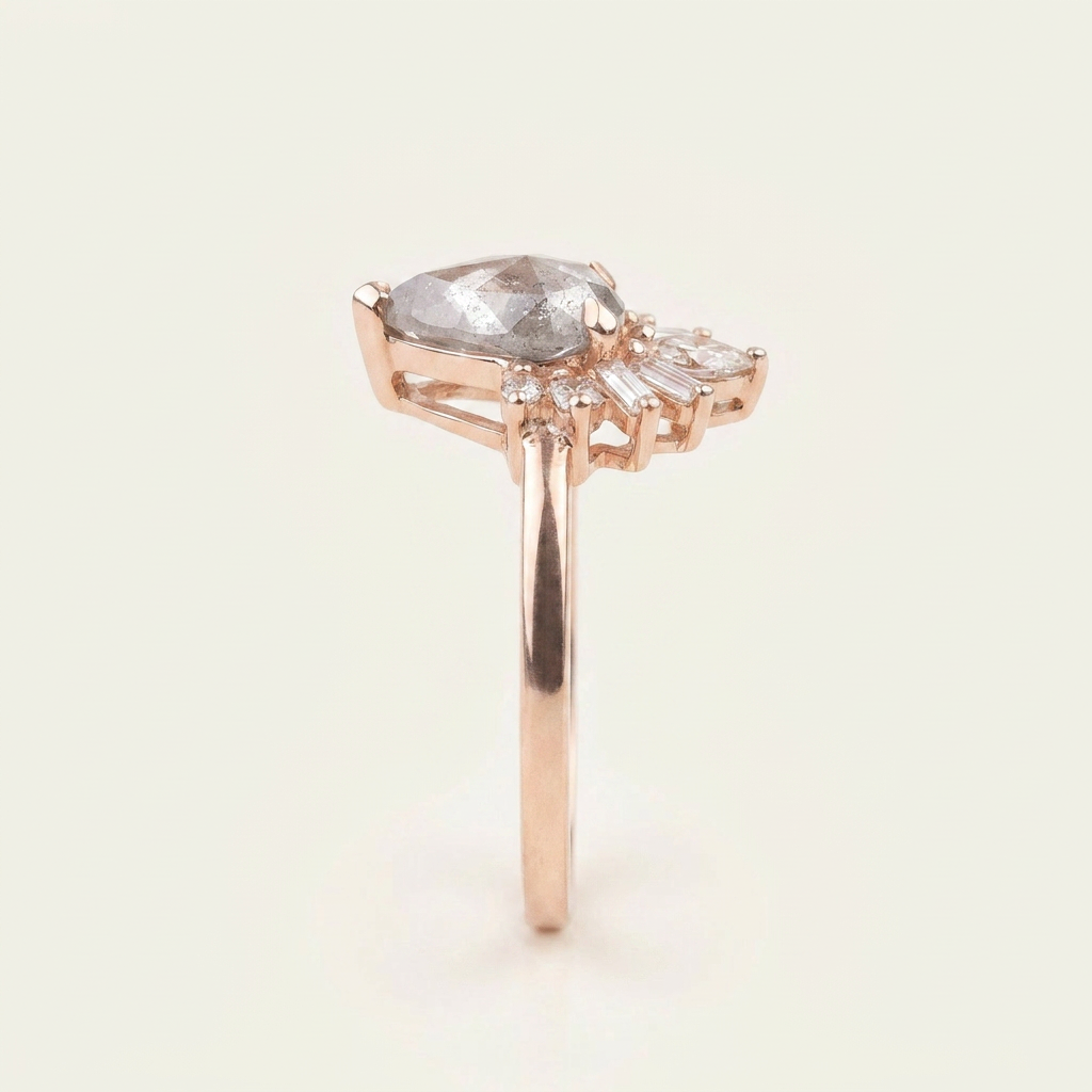 1.60 CT Pear & Round Cut Salt and Pepper Diamond Cluster Ring