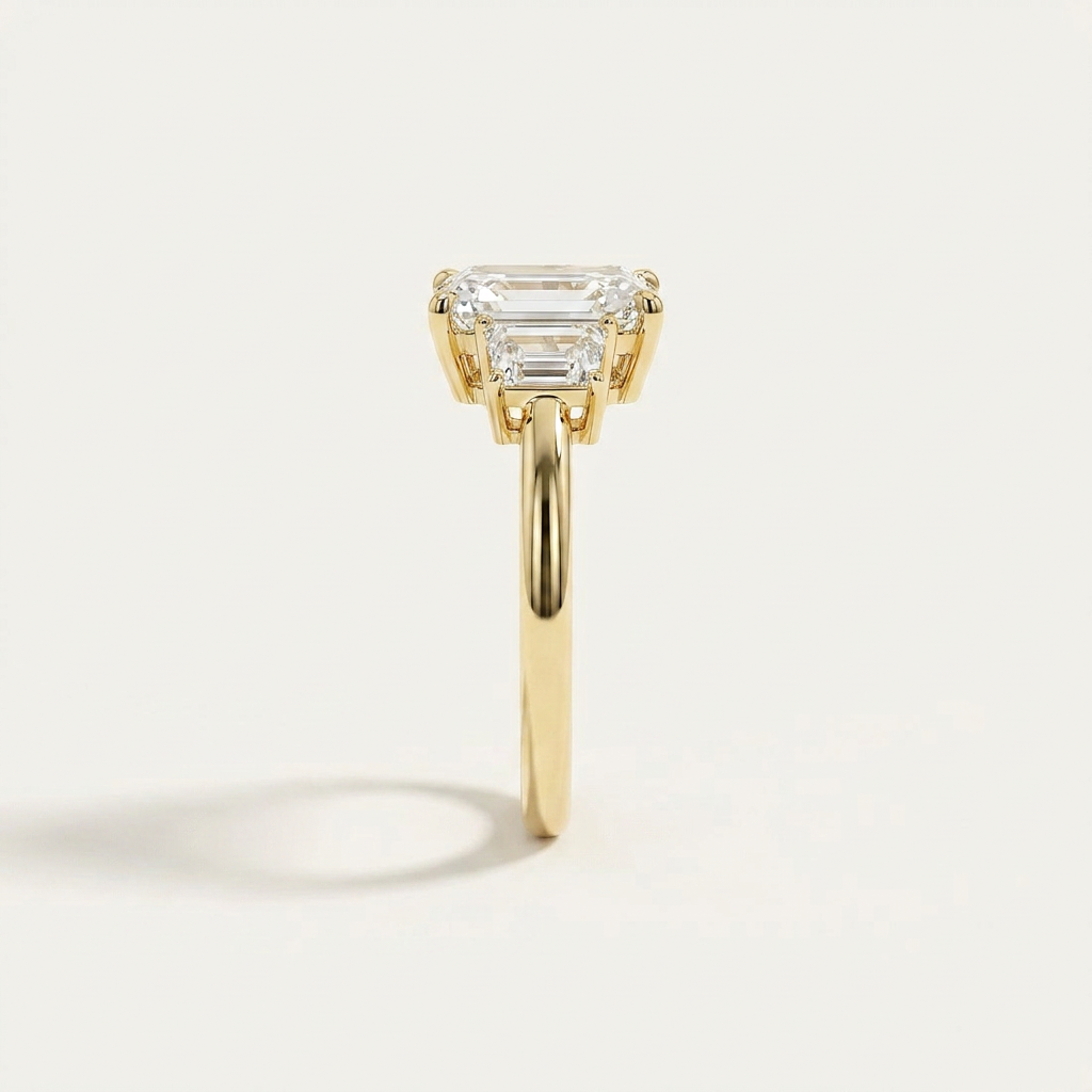 Moissanite 3.00 CT Emerald & Trapezoid Cut Diamond Three Stone Ring