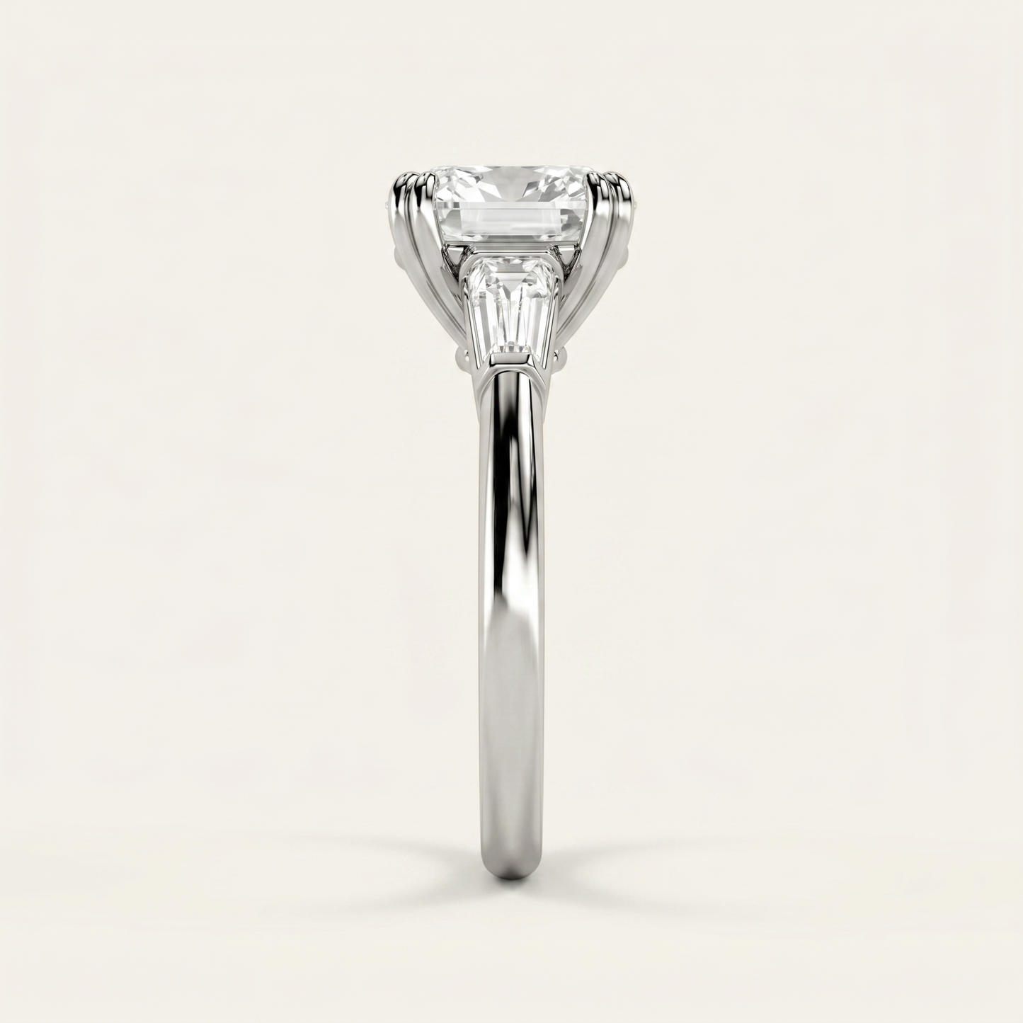 Moissanite 5.10 CT Cushion & Tapered Cut Diamond Three Stone Ring