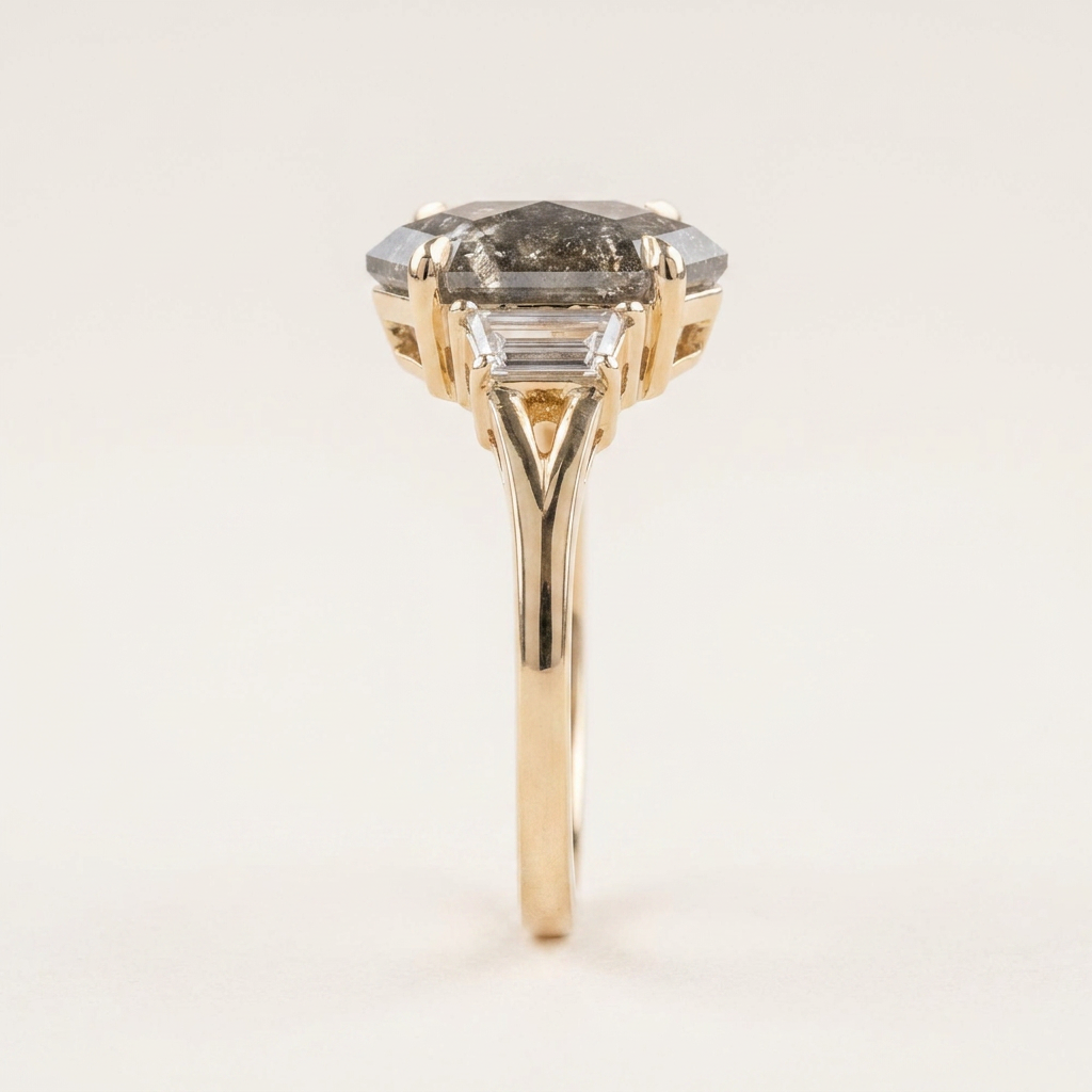 1.70 CT Hexagon & Baguette Cut Salt and Pepper Diamond Three Stone Ring