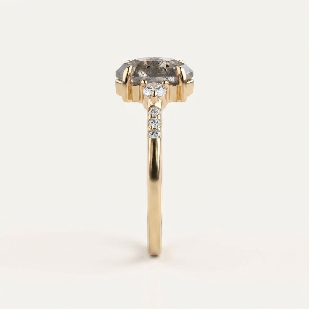1.75 CT Hexagon & Round Cut Salt and Pepper Diamond Three Stone Ring