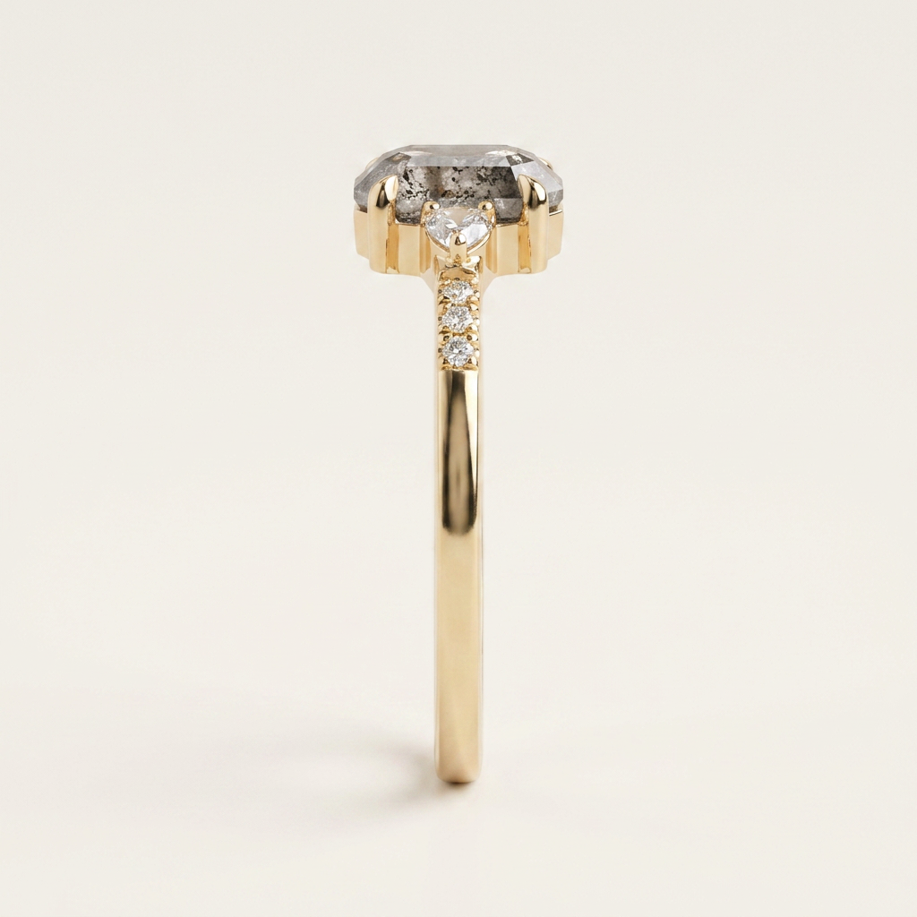 1.55 CT Hexagon & Round Cut Salt and Pepper Diamond Three Stone Ring