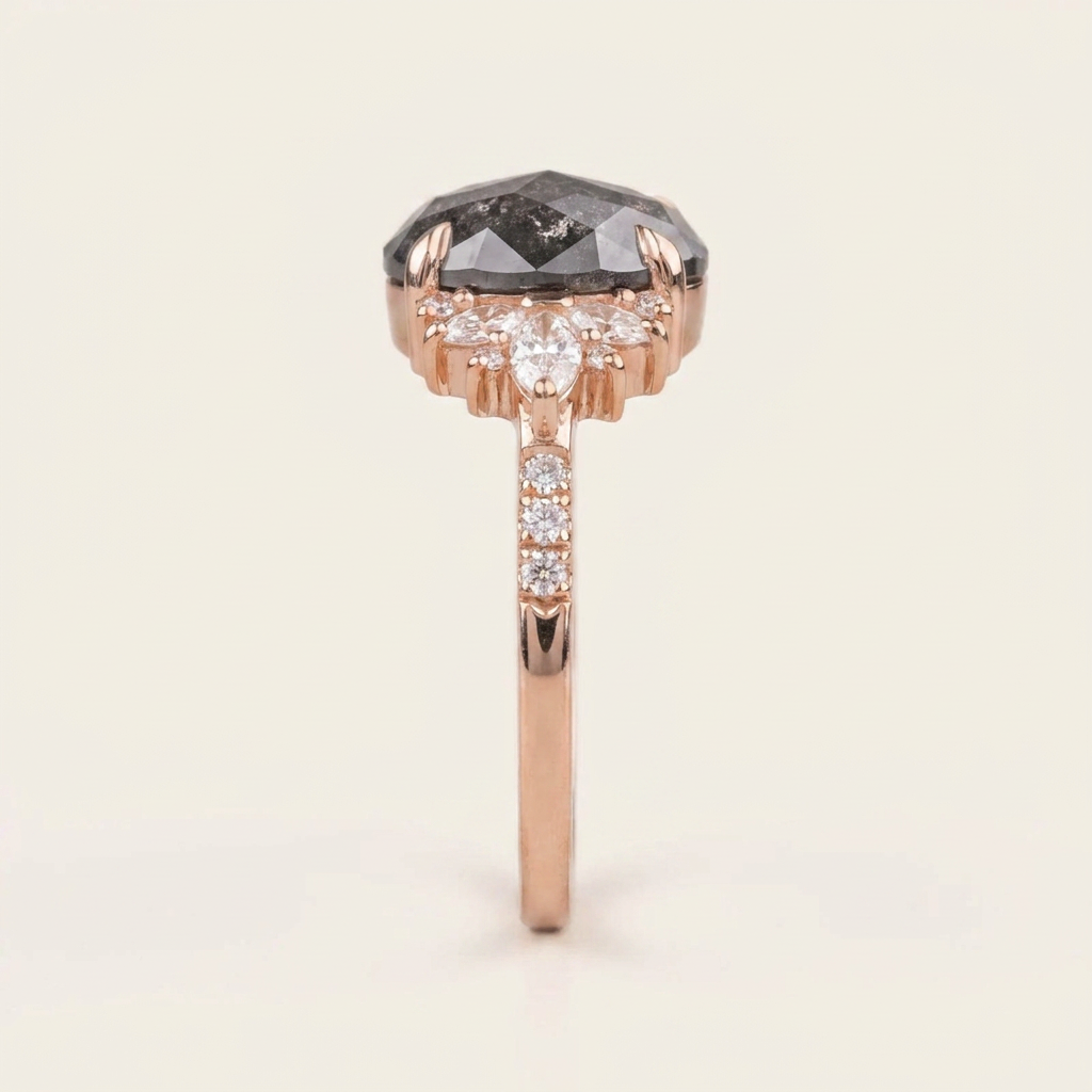 2.10 CT Oval & Round Cut Salt and Pepper Diamond Cluster Ring