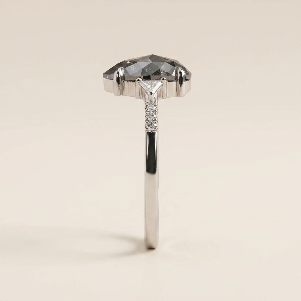 2.20 CT Pear & Triangle Cut Salt and Pepper Diamond Three Stone Ring