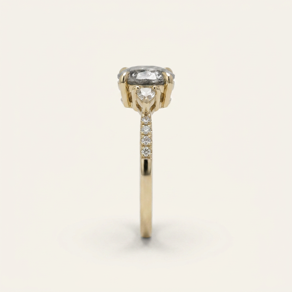 1.60 CT Round & Trillion Cut Salt and Pepper Diamond Three Stone Ring