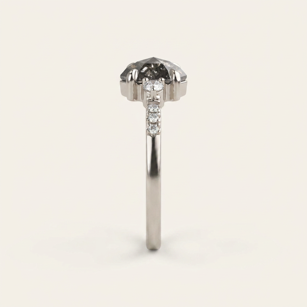 1.95 CT Hexagon & Round Cut Salt and Pepper Diamond Three Stone Ring