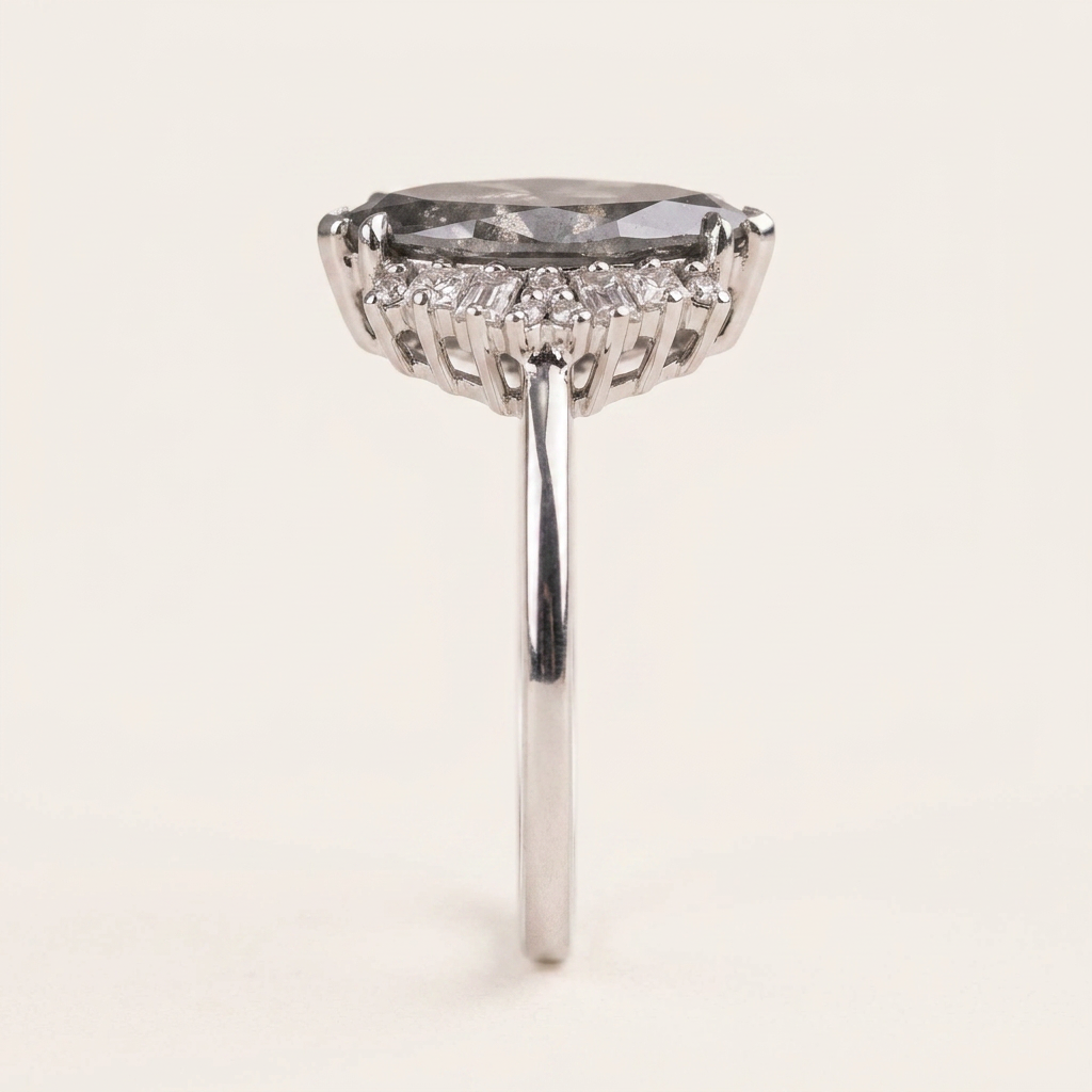 1.90 CT Marquise & Round Cut Salt and Pepper Diamond Cluster Ring