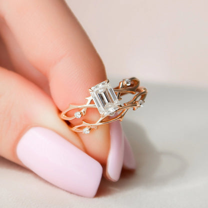 Moissanite 1.65 CT Emerald Diamond Avant Garde Engagement Ring