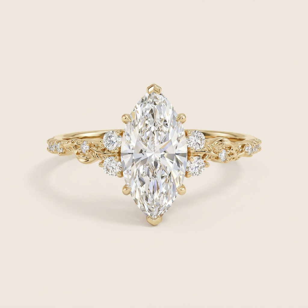 Lab Grown 1.50 CT Marquise Cut Diamond Leaf Accent Solitaire Ring