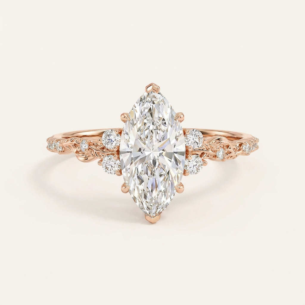 Lab Grown 1.50 CT Marquise Cut Diamond Leaf Accent Solitaire Ring