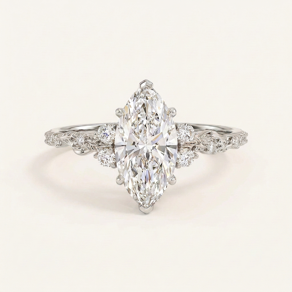 Lab Grown 1.50 CT Marquise Cut Diamond Leaf Accent Solitaire Ring