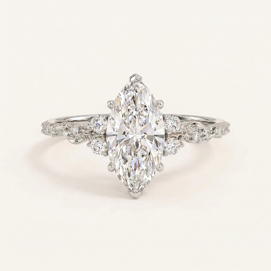 Lab Grown 1.50 CT Marquise Cut Diamond Leaf Accent Solitaire Ring