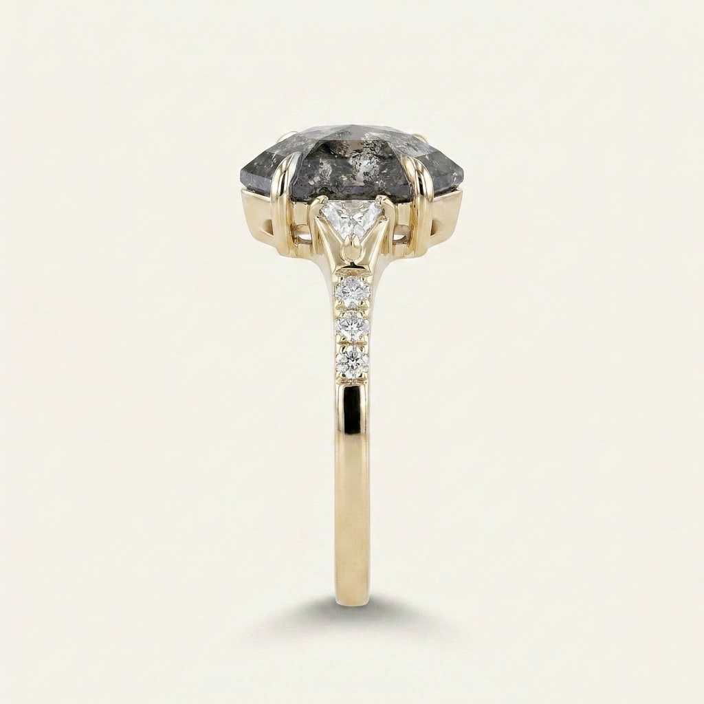 1.80 CT Hexagon & Triangle Cut Salt and Pepper Diamond Three Stone Ring