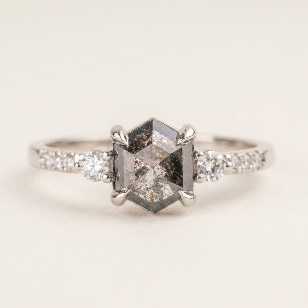1.95 CT Hexagon & Round Cut Salt and Pepper Diamond Three Stone Ring