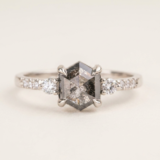1.95 CT Hexagon & Round Cut Salt and Pepper Diamond Three Stone Ring