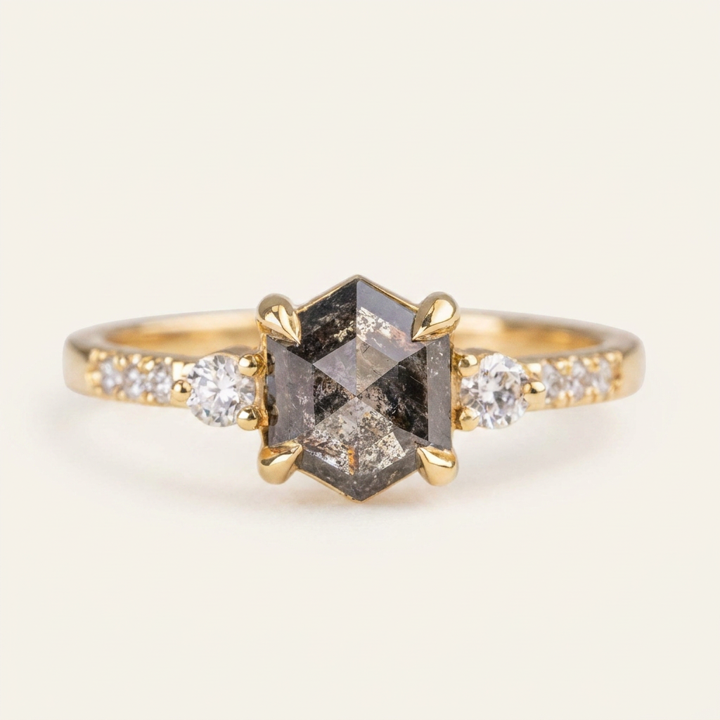 1.95 CT Hexagon & Round Cut Salt and Pepper Diamond Three Stone Ring