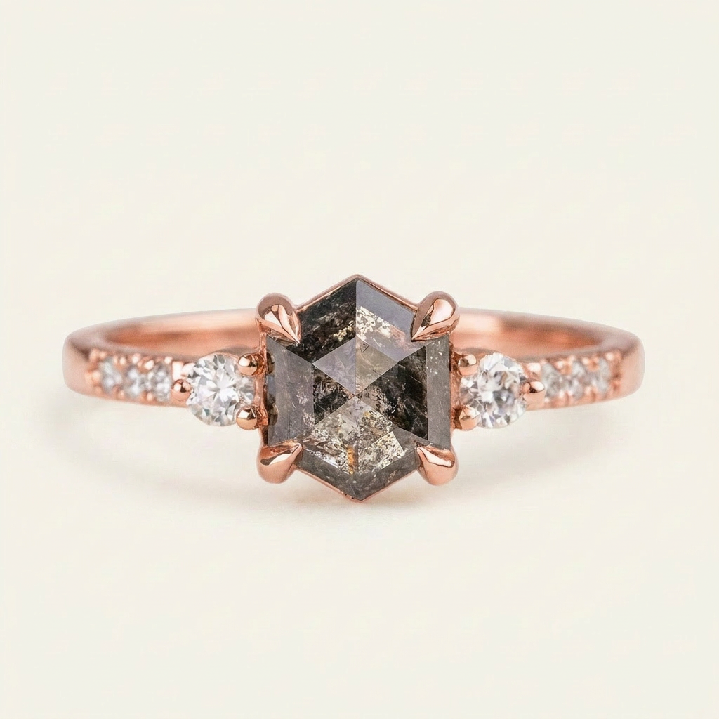 1.95 CT Hexagon & Round Cut Salt and Pepper Diamond Three Stone Ring