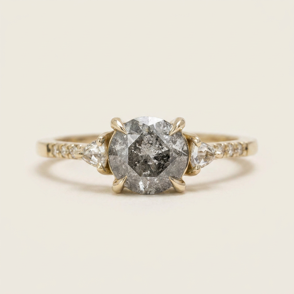 1.60 CT Round & Trillion Cut Salt and Pepper Diamond Three Stone Ring
