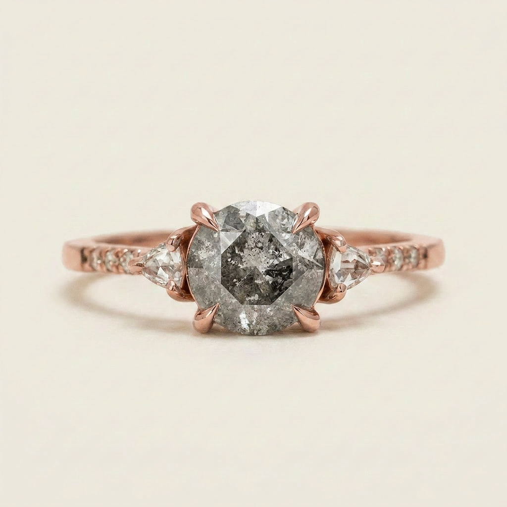 1.60 CT Round & Trillion Cut Salt and Pepper Diamond Three Stone Ring