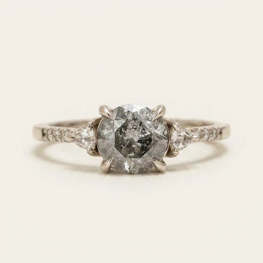 1.60 CT Round & Trillion Cut Salt and Pepper Diamond Three Stone Ring