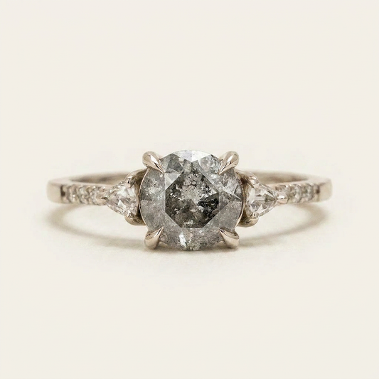 1.60 CT Round & Trillion Cut Salt and Pepper Diamond Three Stone Ring