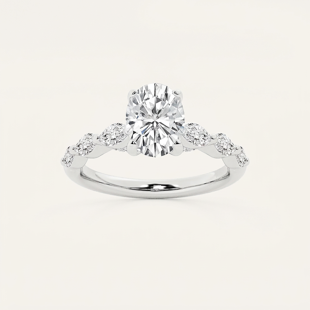 Lab Grown 1.40 CT Oval & Marquise Cut Diamond Solitaire with Side Stones Ring