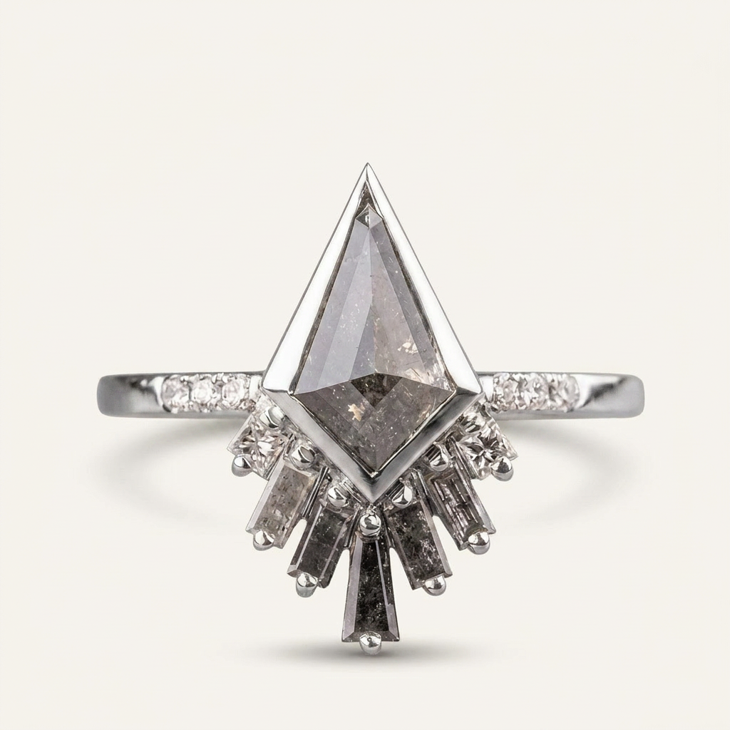 1.55 CT Kite & Round Cut Salt and Pepper Diamond Cluster Ring (V2)
