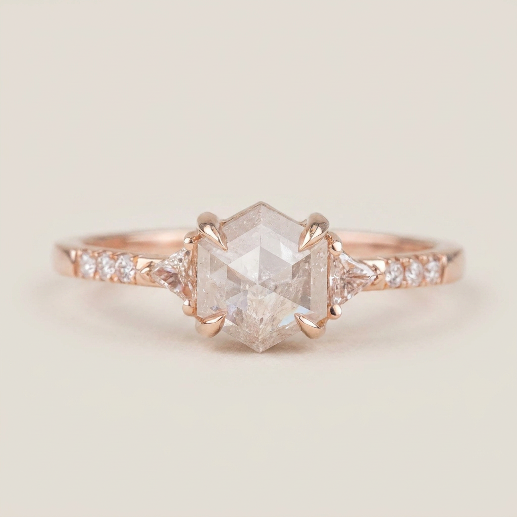 1.50 CT Hexagon & Triangle Cut Salt and Pepper Diamond Three Stone Ring (V-Artdeco)