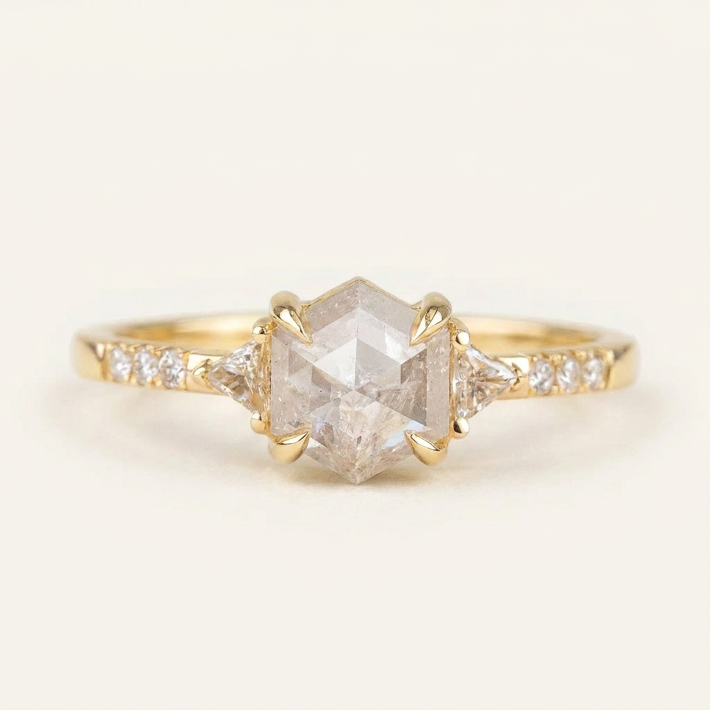 1.50 CT Hexagon & Triangle Cut Salt and Pepper Diamond Three Stone Ring (V-Artdeco)