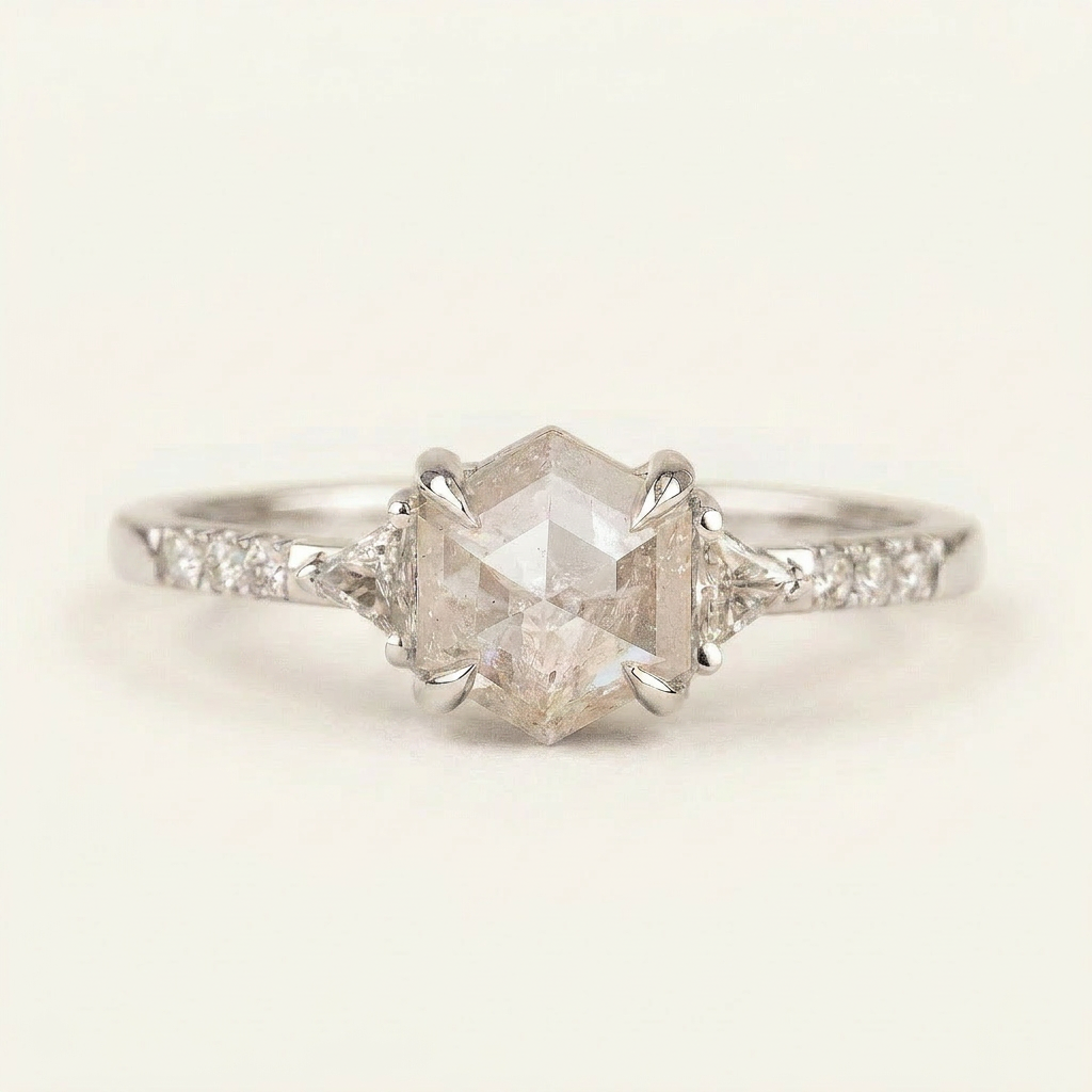 1.50 CT Hexagon & Triangle Cut Salt and Pepper Diamond Three Stone Ring (V-Artdeco)