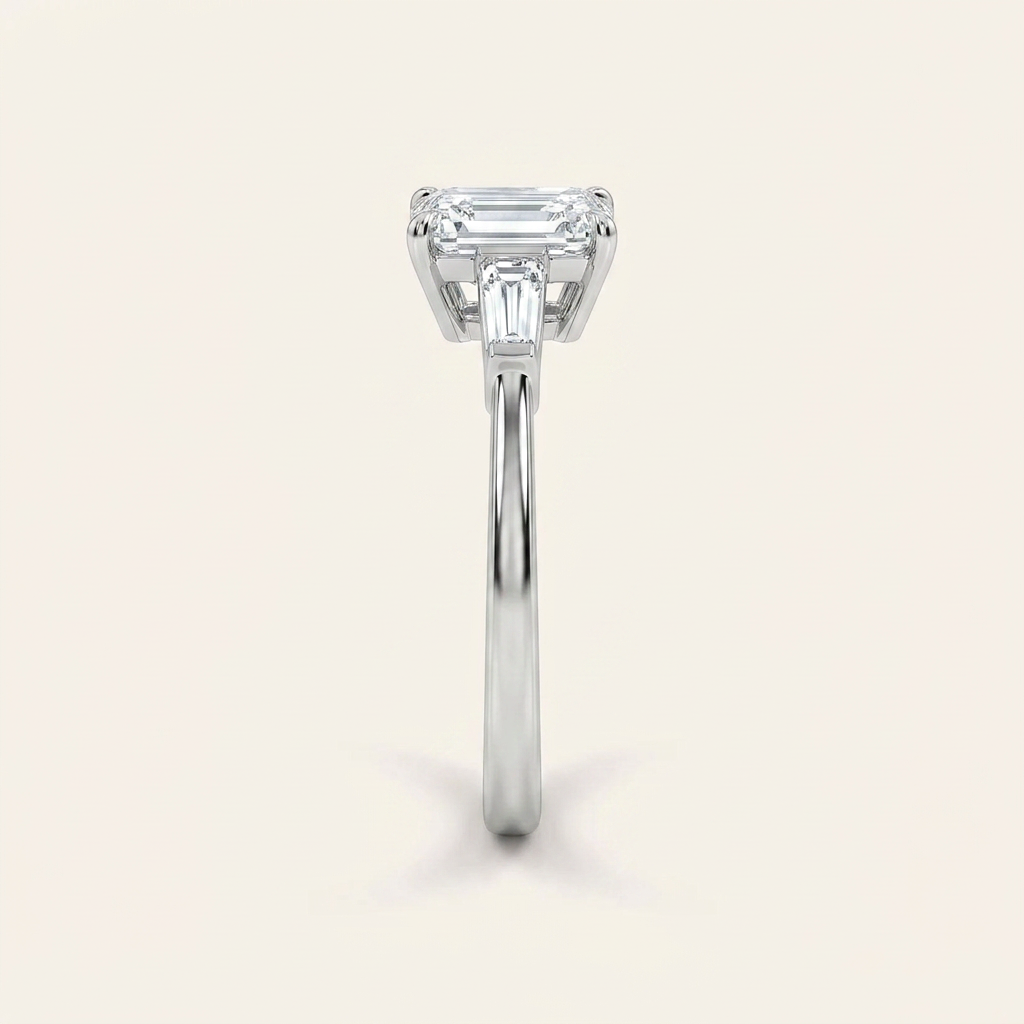 Moissanite 2.30 CT Emerald & Tapered Baguette Cut Diamond Three Stone Ring