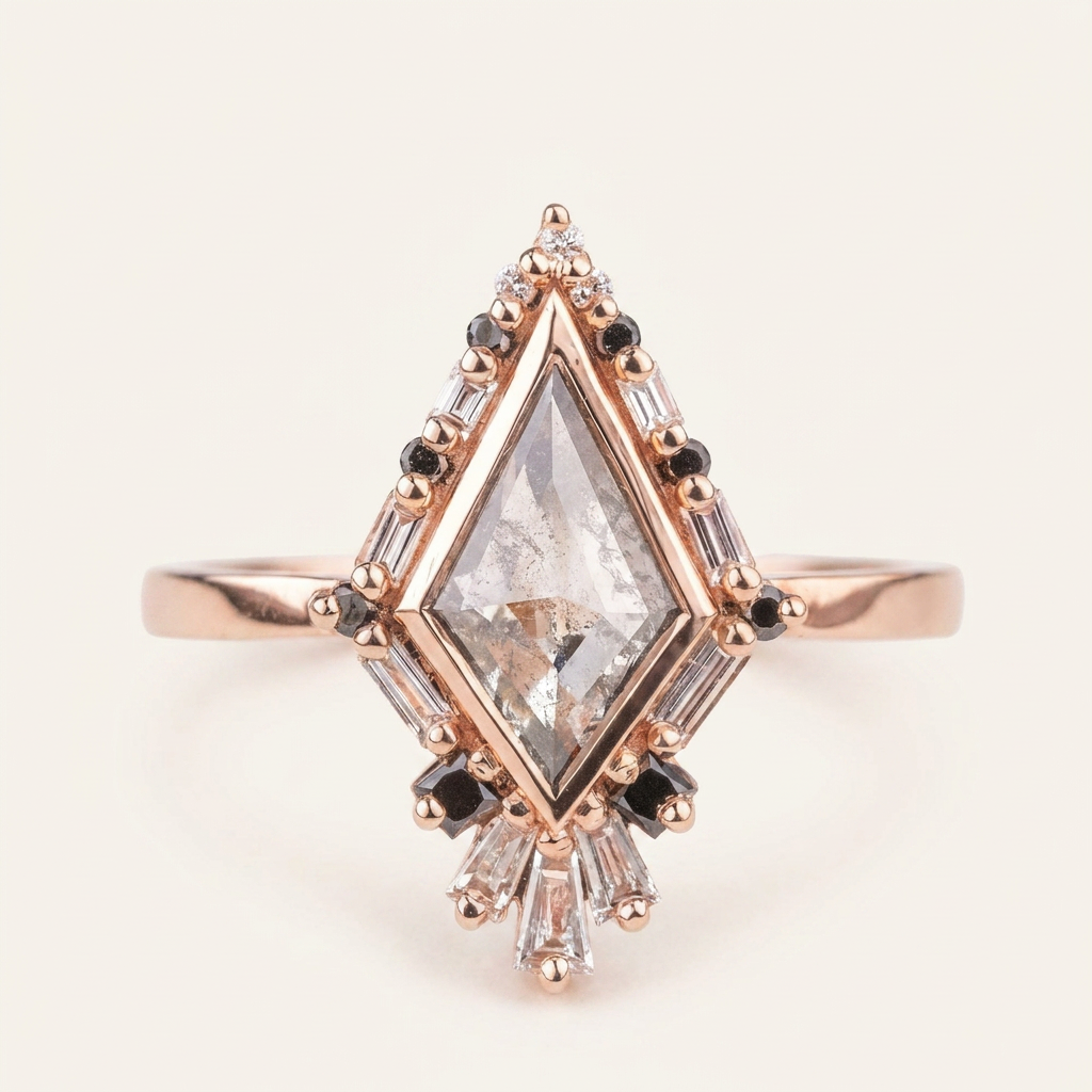 1.60 CT Kite & Round Cut Salt and Pepper Diamond Cluster Ring (V1)