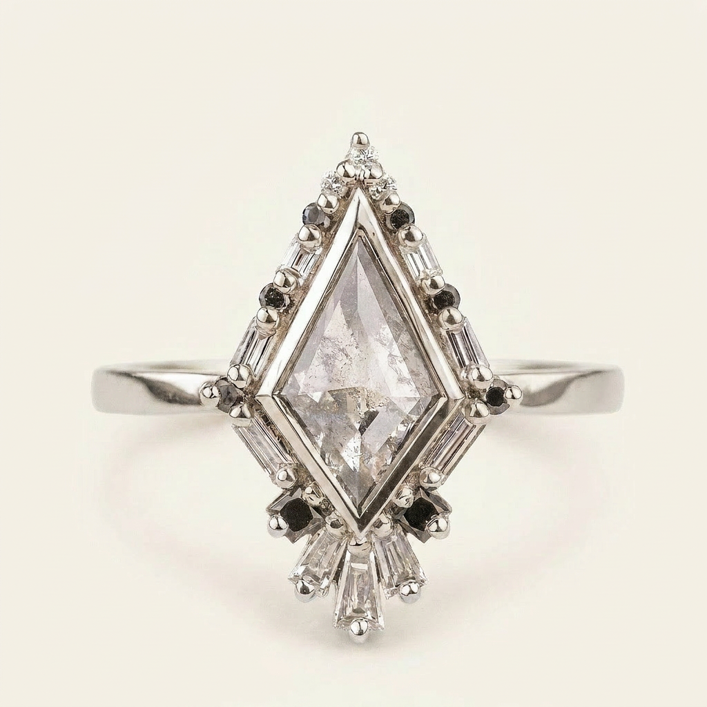 1.60 CT Kite & Round Cut Salt and Pepper Diamond Cluster Ring (V1)