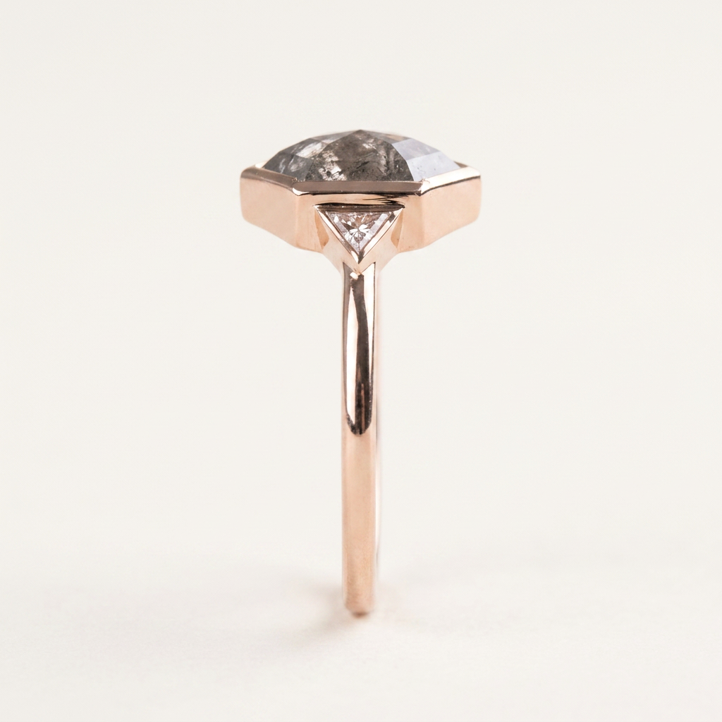1.30 CT Hexagon & Triangle Cut Salt and Pepper Diamond Three Stone Ring (V1)