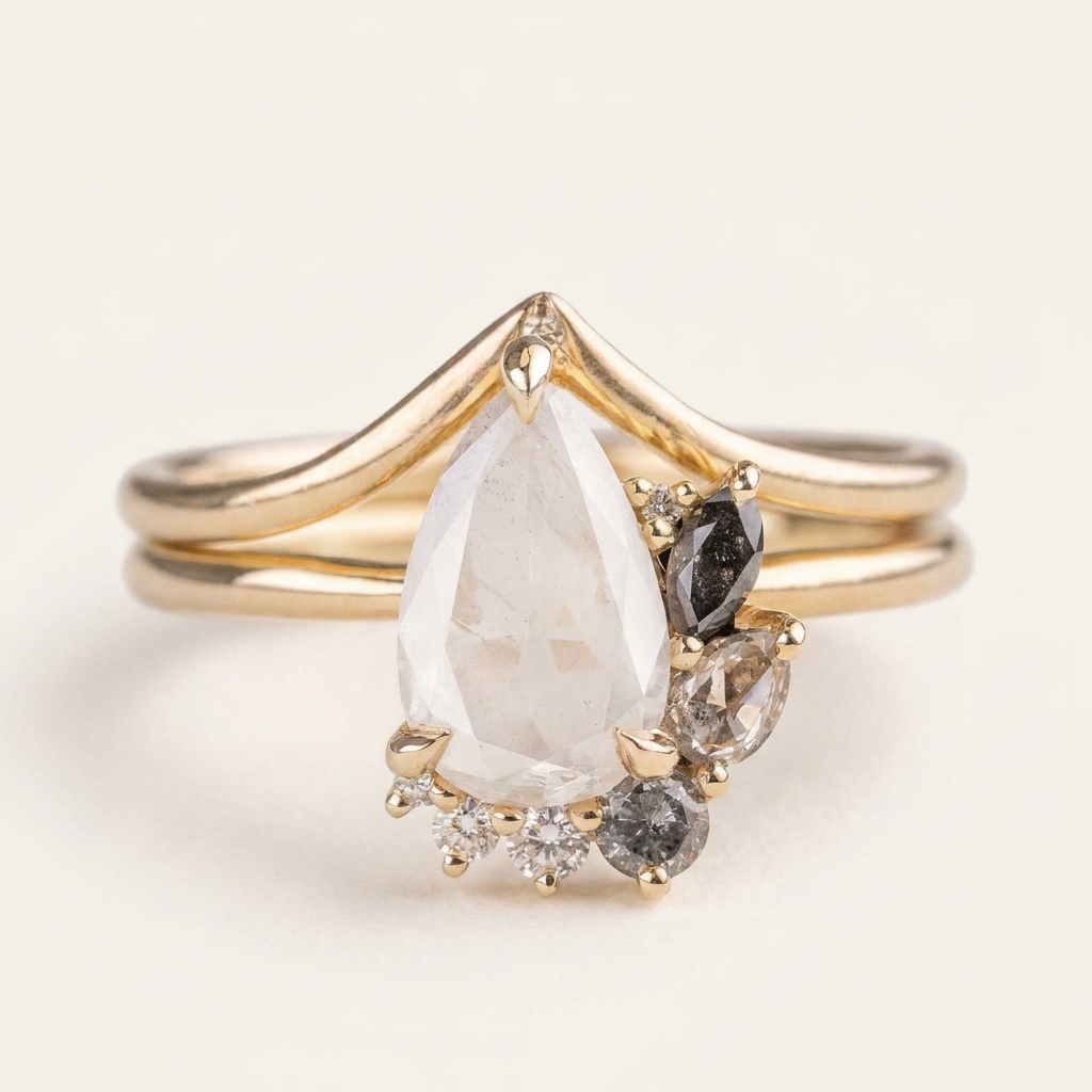 1.70 CT Pear & Round Cut Salt and Pepper Diamond Cluster Ring