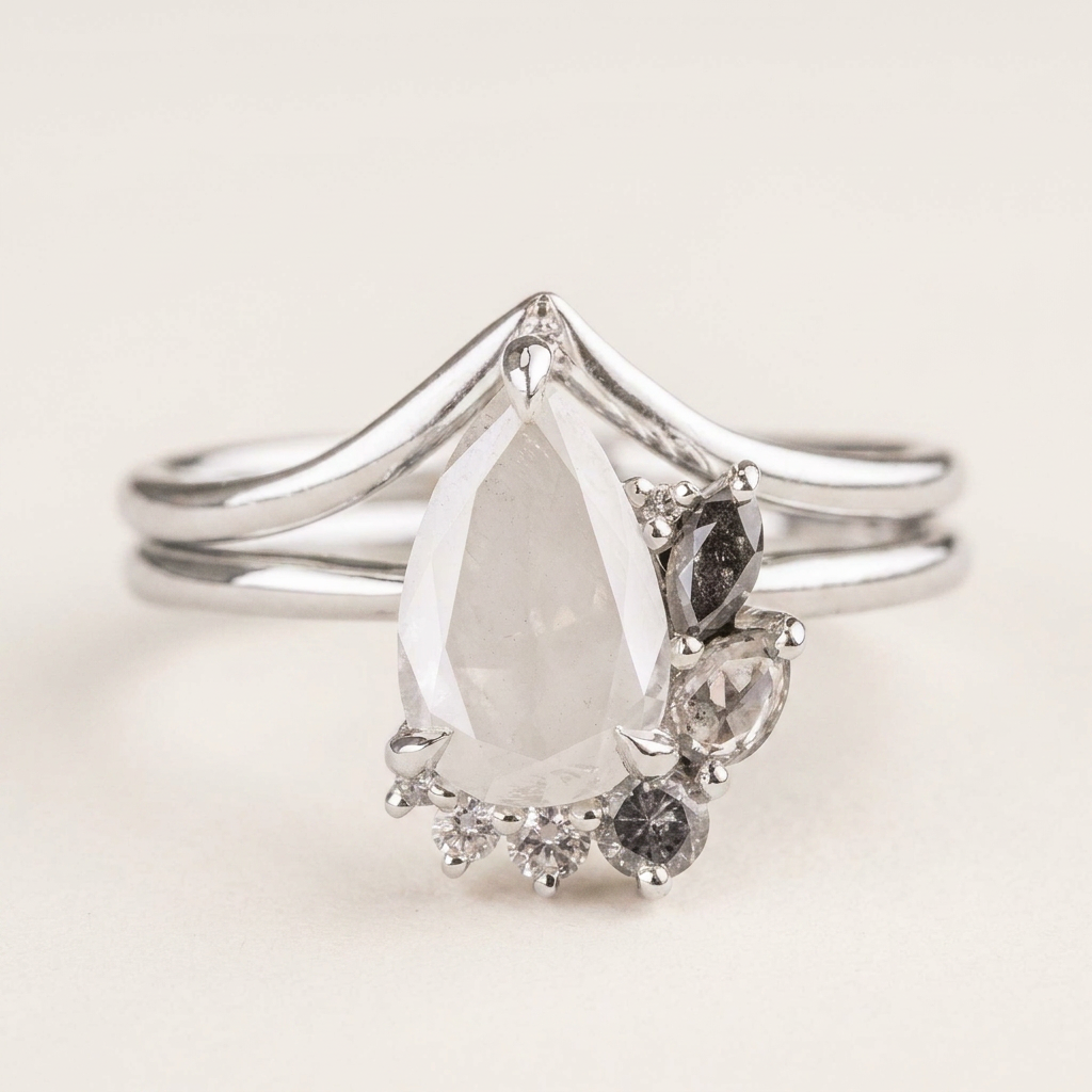 1.70 CT Pear & Round Cut Salt and Pepper Diamond Cluster Ring