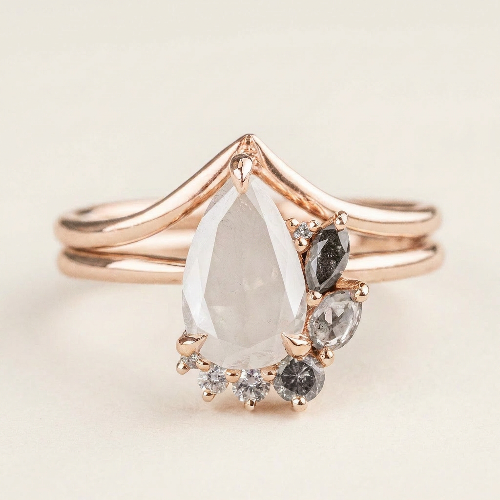 1.70 CT Pear & Round Cut Salt and Pepper Diamond Cluster Ring