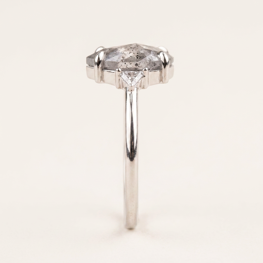 1.70 CT Pear & Triangle Cut Salt and Pepper Diamond Three Stone Ring