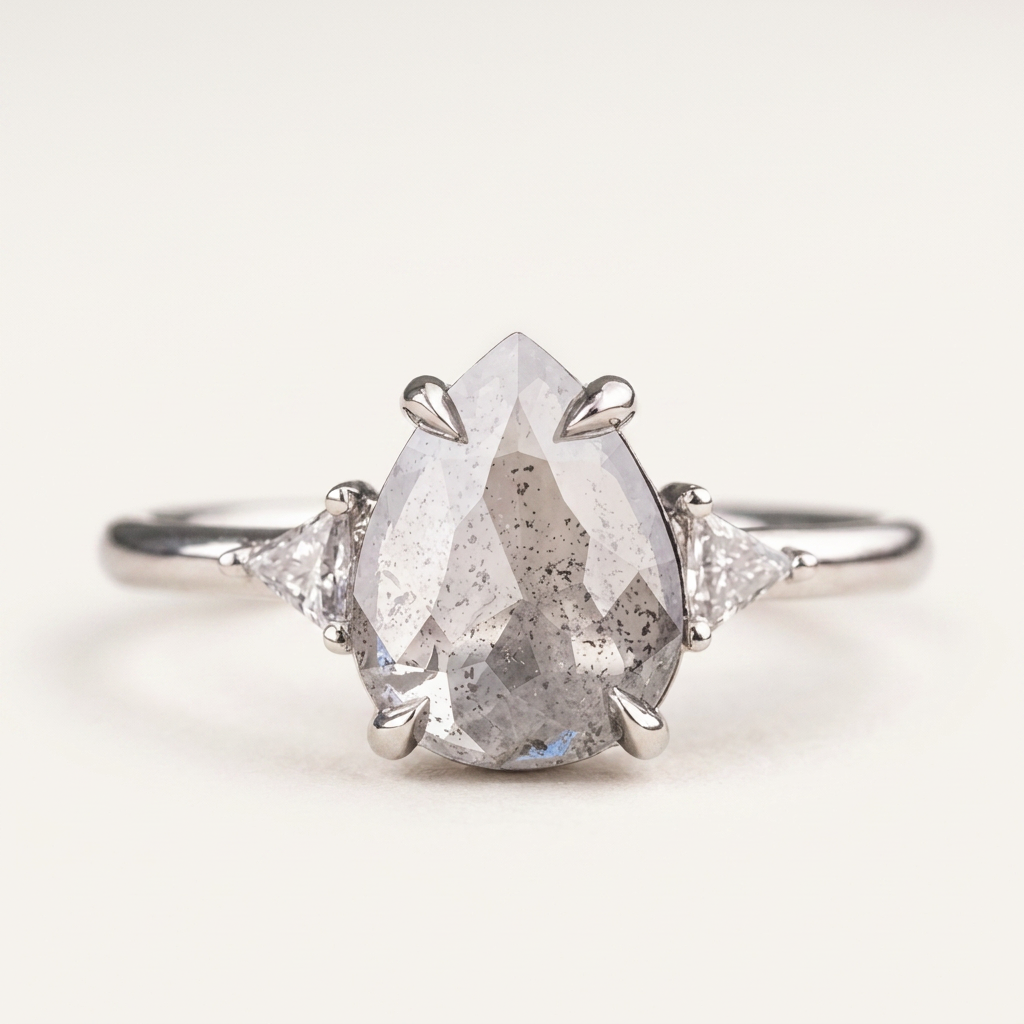 1.70 CT Pear & Triangle Cut Salt and Pepper Diamond Three Stone Ring