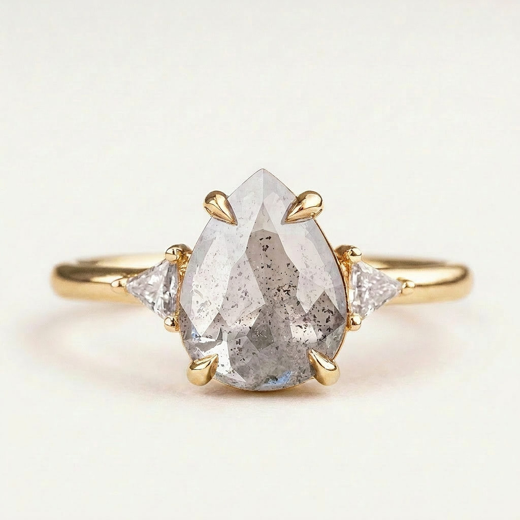 1.70 CT Pear & Triangle Cut Salt and Pepper Diamond Three Stone Ring