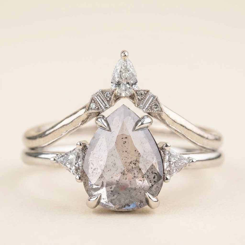 1.70 CT Pear & Triangle Cut Salt and Pepper Diamond Three Stone Ring