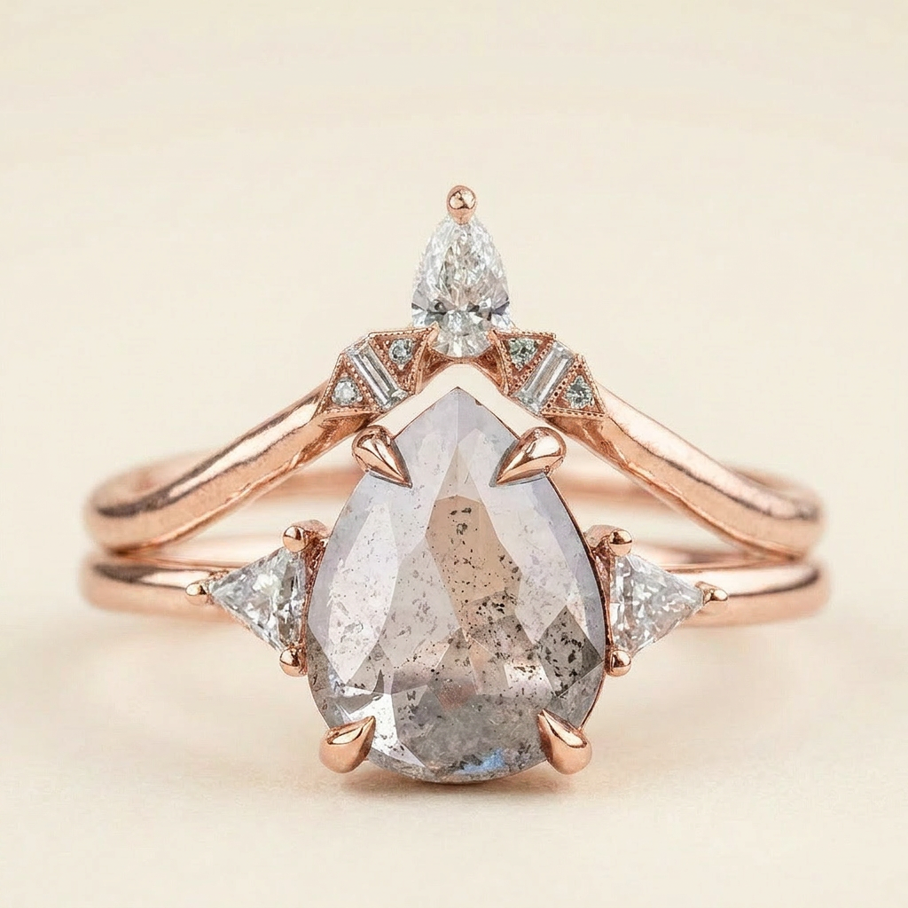 1.70 CT Pear & Triangle Cut Salt and Pepper Diamond Three Stone Ring