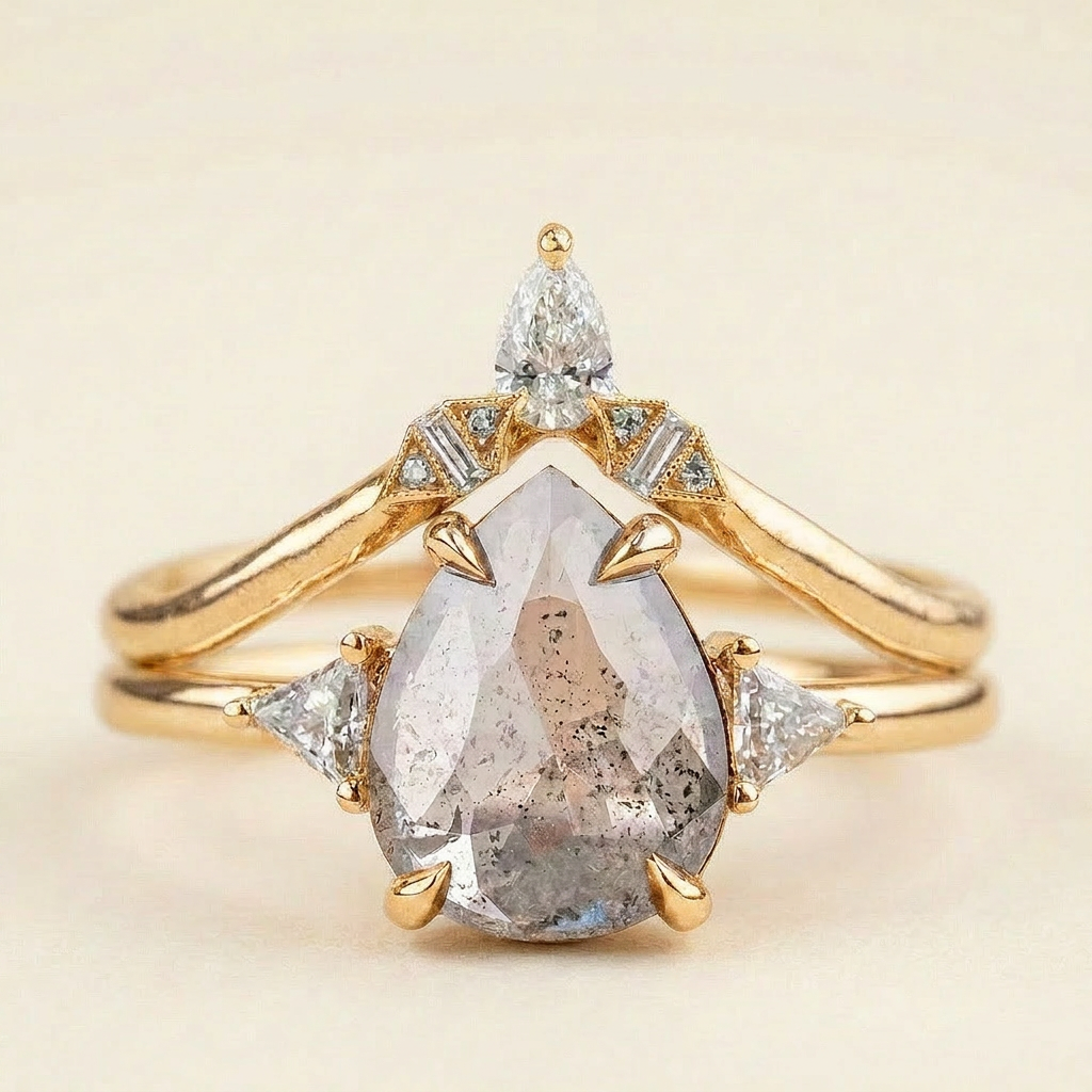1.70 CT Pear & Triangle Cut Salt and Pepper Diamond Three Stone Ring
