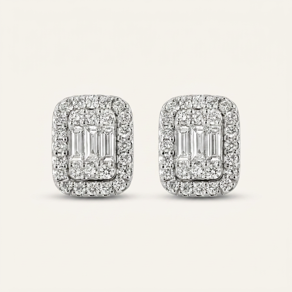 Moissanite 0.93 CT Round & Baguette Cut Diamond Stud Earrings
