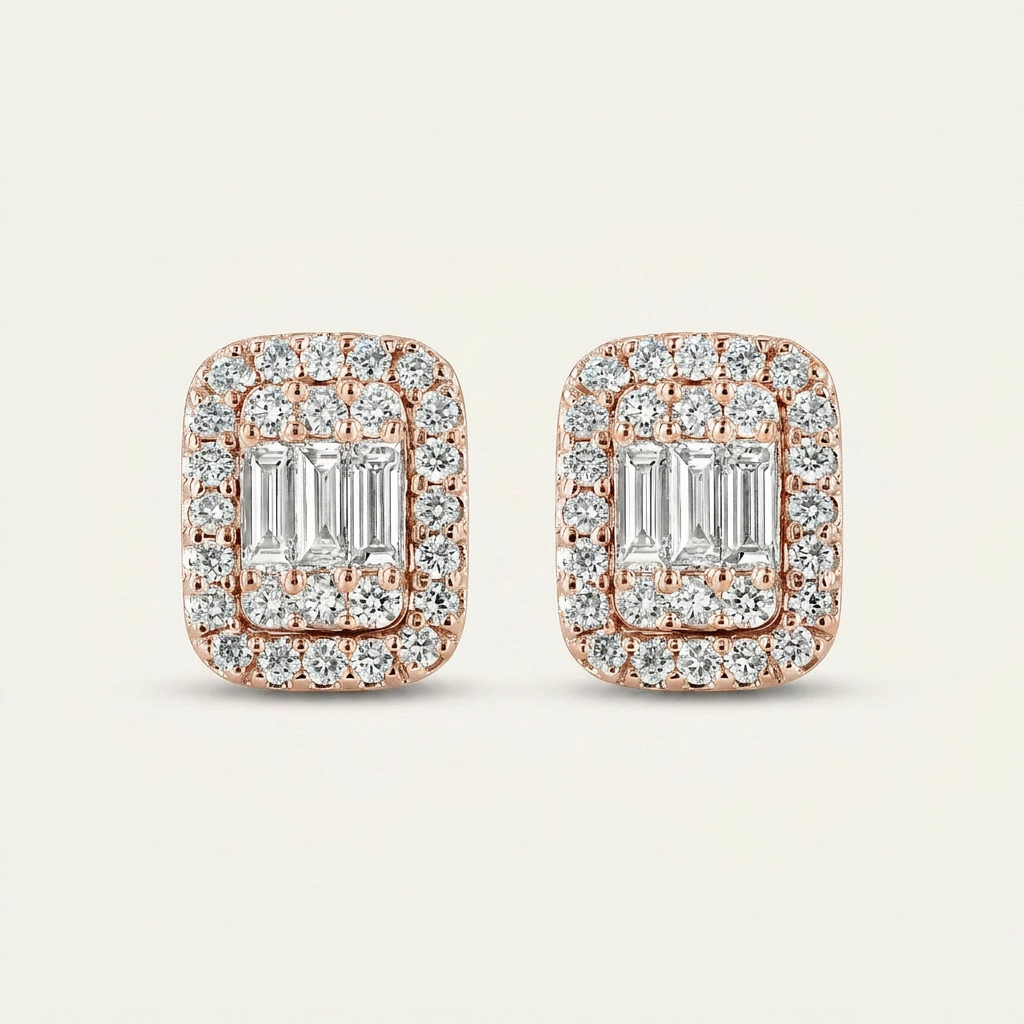 Moissanite 0.93 CT Round & Baguette Cut Diamond Stud Earrings