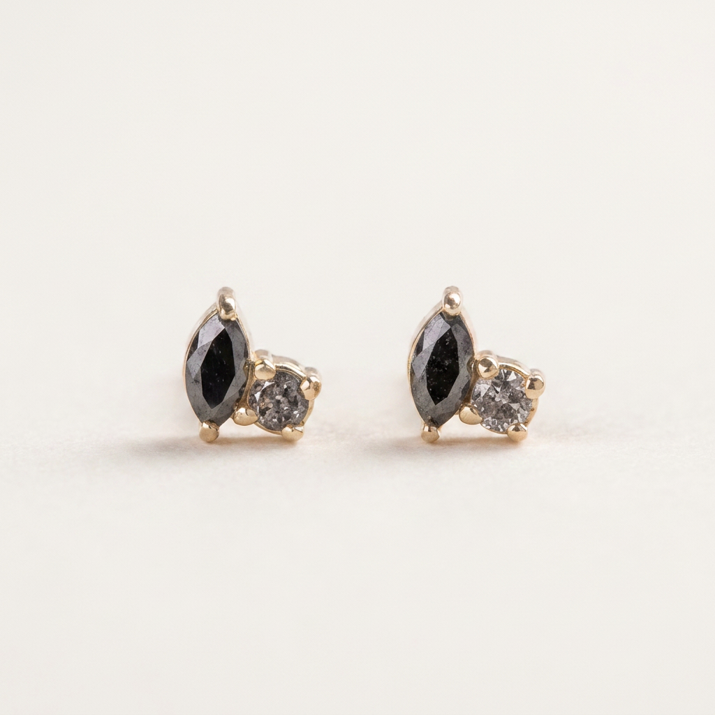 0.20 CT Marquise & Round Cut Salt and Pepper Diamond Stud Earrings