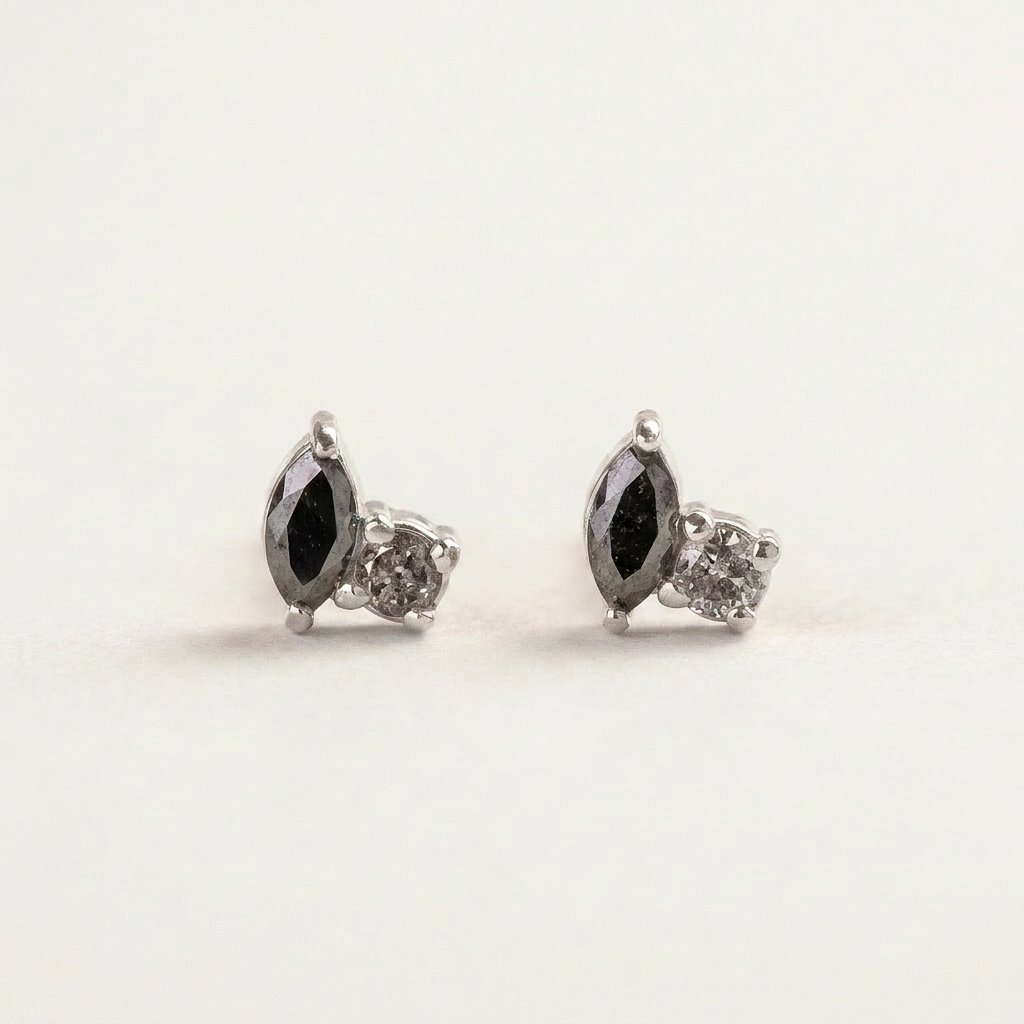 0.20 CT Marquise & Round Cut Salt and Pepper Diamond Stud Earrings