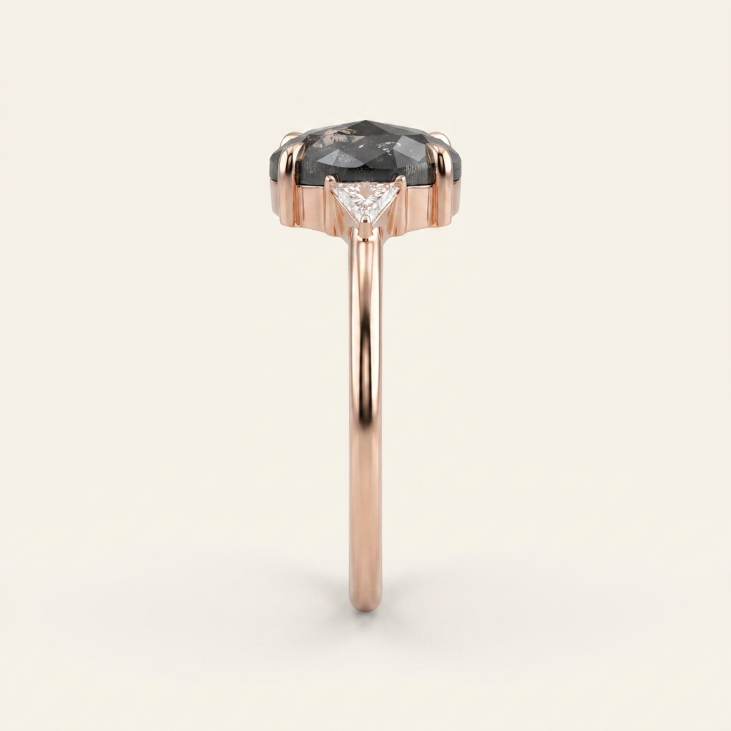 1.80 CT Oval & Triangle Cut Salt and Pepper Diamond Three Stone Ring